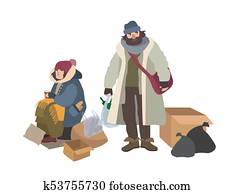 Homeless man and woman begging for money on street. Pair of bums, beggars, vagrants or vagabonds. Poor male and female cartoon characters isolated on white background. Colorful vector illustration. Homeless man and woman begging for money on street. Pair of bums, beggars, vagrants or vagabonds. Poor male and female cartoon characters isolated on white background. Colorful vector illustration.