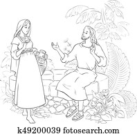 jesus, en, de, samaritan, vrouw, op, de, goed, kleuren, pagina