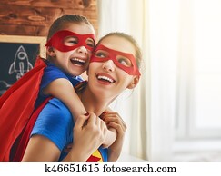 menina, e, mãe, em, superhero, traje