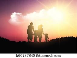 צללית, של, a, משפחה הולכת, נגד, a, שמיים של שקיעה