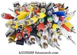 Audio, video and network  connectors chaos close-up