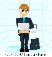 Workaholic Businessman Using Toilet