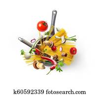 A bowl of pasta and vegetables with mushrooms, top view, isolated on white background A bowl of pasta and vegetables with mushrooms, top view, isolated on white background