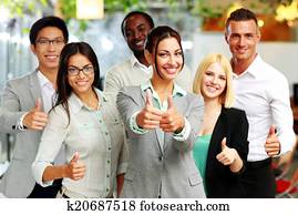 feliz, negócio, grupo, dar, polegares cima