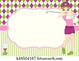 Vector Card Template with Girl Playing Golf. Argyle Background. Golf Vector Illustration. Vector Card Template with Girl Playing Golf. Argyle Background. Golf Vector Illustration.