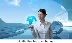 Attractive brunette with globe in future Attractive brunette with globe in future