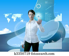 Attractive brunette with interface in future interior Attractive brunette with interface in future interior