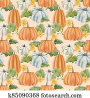 Beautiful autumn seamless pattern with watercolor pumpkin vegetables, leaves and flowers . Stock illustration. Beautiful autumn seamless pattern with watercolor pumpkin vegetables, leaves and flowers . Stock illustration.