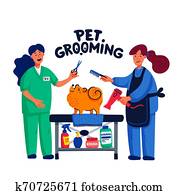 Cute dog at groomer salon. Two young girls shearing and combing spitz. Dog care, grooming, hygiene, health. Pet shop, accessories. Flat style vector illustration. Cute dog at groomer salon. Two young girls shearing and combing spitz. Dog care, grooming, hygiene, health. Pet shop, accessories. Flat style vector illustration.