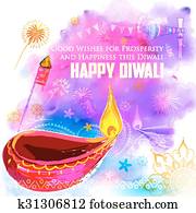 feliz, Diwali, fundo, coloful, com, aquarela, diya