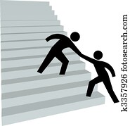 Helping hand to help friend up on stairway to top Helping hand to help friend up on stairway to top