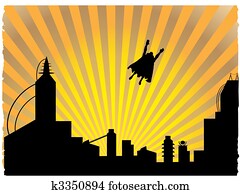 silhouetted, superhero, fliegen, aus, in, dass, sonnenuntergang silhouetted, superhero, fliegen, aus, in, dass, sonnenuntergang