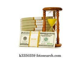 Time is money concept with dollars and hourglass