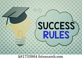 Conceptual hand writing showing Success Rules. Business photo showcasing established ways of setting goals making it easier to achieve 3D Graduation Cap Resting on Bulb with Cloud Thought Bubble.