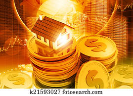 Digital illustration of house on money stack