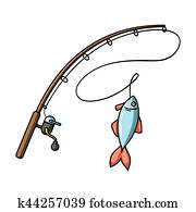 Fishing rod and fish icon in cartoon style isolated on white background. Fishing symbol stock bitmap, rastr illustration. Fishing rod and fish icon in cartoon style isolated on white background. Fishing symbol stock bitmap, rastr illustration.