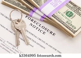 House Keys, Stack of Money and Foreclosure Notice