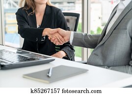 obchodník, handshake, obchodnice, do, úřadovna.