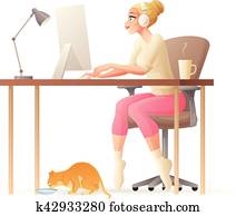 vektor, freiberuflich, frau, arbeitende, innenministerium, mit, schreibtisch, computer. vektor, freiberuflich, frau, arbeitende, innenministerium, mit, schreibtisch, computer.