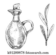 בישול, בקבוק, של, שמן זית, ו, קטן, ענף