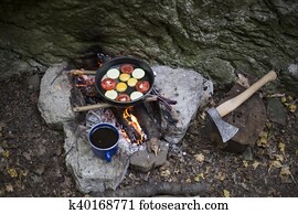 Cooking breakfast at the campsite. Cooking breakfast at the campsite.
