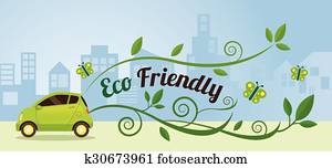 Eco Car and Environment in Urban City Illustration Eco Car and Environment in Urban City Illustration