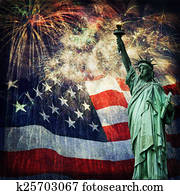 estatua liberdade, &, fogos artifício