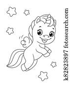 flygning, glad, enhörning, kolorit, sida