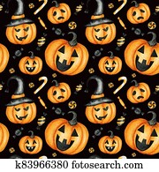 Happy Halloween seamless pattern with Jack O' Lantern pumpkins, candy sweets holiday party decorations. Watercolor Cartoon black background illustration. Halloween spooky cemetery scrapbook paper. Happy Halloween seamless pattern with Jack O' Lantern pumpkins, candy sweets holiday party decorations. Watercolor Cartoon black background illustration. Halloween spooky cemetery scrapbook paper.