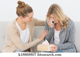 llanto, conversación de mujer, a, ella, terapeuta, sofá