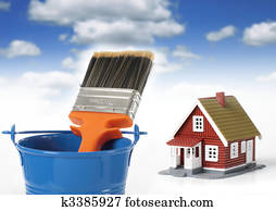 Brush and bucket. House on the background. Brush and bucket. House on the background.