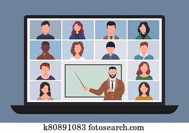 Online Class. Pupils or students studying with computer at home. Stay school learn from home via teleconference. Video conference call on laptop during coronavirus quarantine. Distance education concept vector illustration Online Class. Pupils or students studying with computer at home. Stay school learn from home via teleconference. Video conference call on laptop during coronavirus quarantine. Distance education concept vector illustration