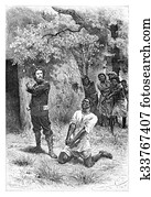 Aogousto Begs for Mercy in Front of Major Serpa Pinto, vintage engraving