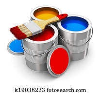 Cans with color paint and paintbrush Cans with color paint and paintbrush