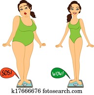 Fat and slim woman on weights scales Fat and slim woman on weights scales