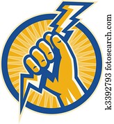 Hand hold a lightning bolt of electricity set inside a circle. Hand hold a lightning bolt of electricity set inside a circle.