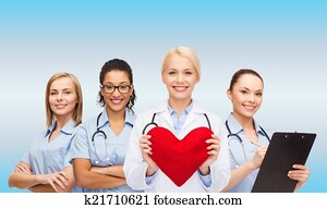 mosolygós, doktornő, és, betegápolók, noha, piros szív