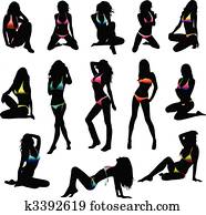 חדש, קבע, ביקיני, נשים, צללית, -, vector., בגד ים