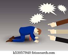 Businessman Kneeling With Others Pointing And Shouting At Him