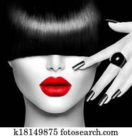 Fashion Model Girl with Trendy Hairstyle, Makeup and Manicure