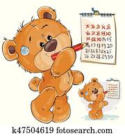 Vector illustration of a brown teddy bear strikes out the days in the calendar.