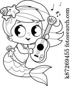 csinos, hableány, játék zene, noha, neki, guitar., vektor, fekete-fehér, színezés, oldal