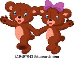 felice, orso, cartone animato, coppia