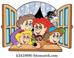 Happy family in open window Happy family in open window