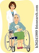 schön, jung, krankenschwester, anschieben, ältere frau, mit, niedlich, labradorwelpe, in, rollstuhl