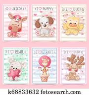 sett, teddy, animals., idé, for, hilsen, card.