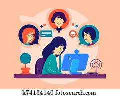 žena, remotely, communicates, s, znamy