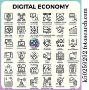digital, economia, ícones conceito