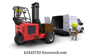 homme, dans, camion chariot élévateur fourche, chargement, a, fourgon