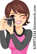 frau, aufnahme nehmend, mit, fotoapperat frau, aufnahme nehmend, mit, fotoapperat